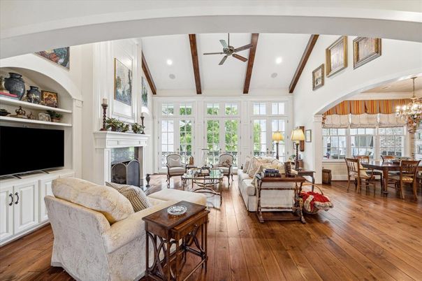 Chandelier, Dining room, Fireplace, Interior, Living room, Recessed Lighting, Wooden Beams, Wood Texture Flooring