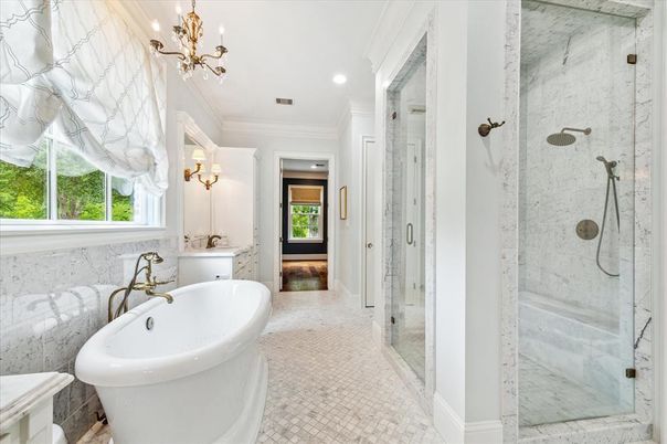 Bathroom, Free Standing Baths, Glass Shower, Interior, Marble Walls, Recessed Lighting