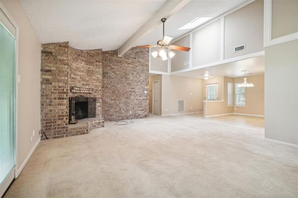 Empty room, Fireplace, Interior, Pendant Lights, Stone Walls