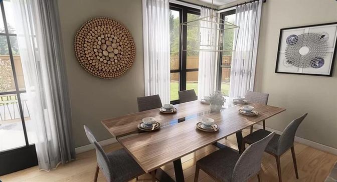 Dining room, Interior, Pendant Lights, Wood Texture Flooring