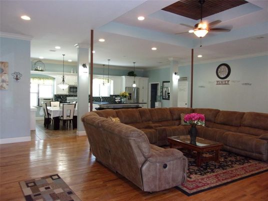 Dining room, Interior, Kitchen, Living room, Pendant Lights, Recessed Lighting, Wood Texture Flooring