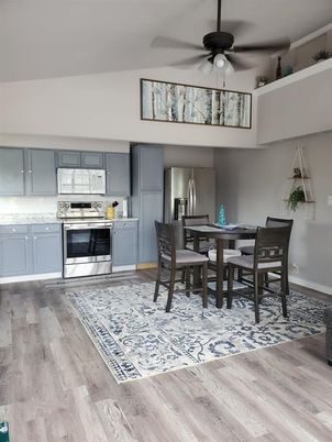 Dining room, Interior, Kitchen, Stainless Steel Appliances, Wood Texture Flooring