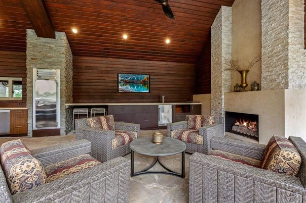 Fireplace, Interior, Living room, Recessed Lighting, Stone Walls, Wooden Beams, Wooden Ceilings, Wooden Walls