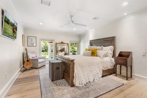 Bedroom, Interior, Recessed Lighting, Wood Texture Flooring