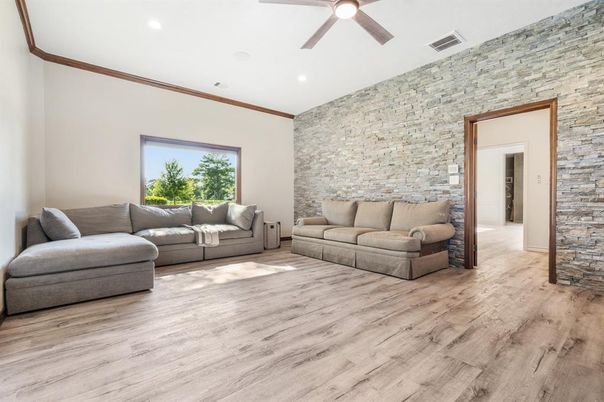 Interior, Living room, Recessed Lighting, Stone Walls, Wood Texture Flooring