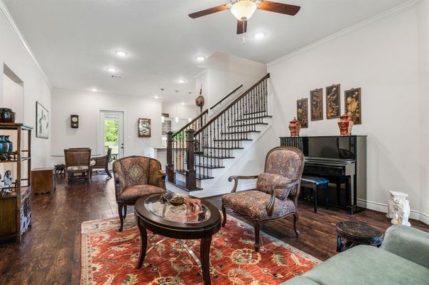 Dining room, Interior, Living room, Piano, Recessed Lighting, Wood Texture Flooring