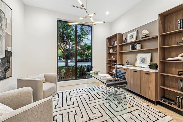 Home Office, Interior, Pendant Lights, Recessed Lighting, Wood Texture Flooring
