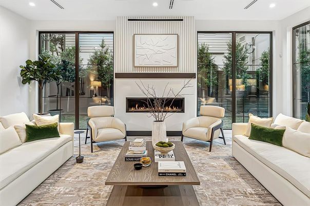 Fireplace, Interior, Living room, Recessed Lighting, Wood Texture Flooring