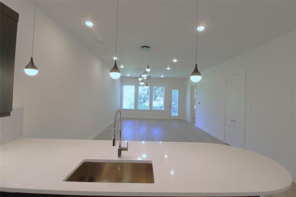 Interior, Kitchen, Pendant Lights, Recessed Lighting, Wood Texture Flooring