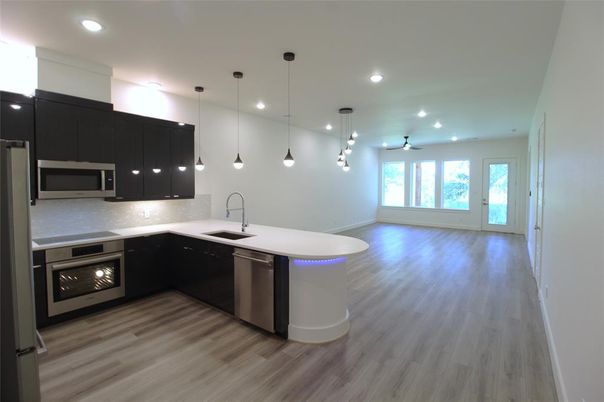 Interior, Kitchen, Pendant Lights, Recessed Lighting, Stainless Steel Appliances, Wood Texture Flooring