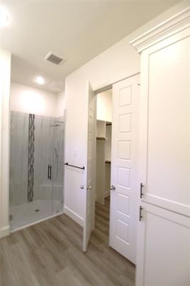 Bathroom, Glass Shower, Interior, Recessed Lighting, Wood Texture Flooring
