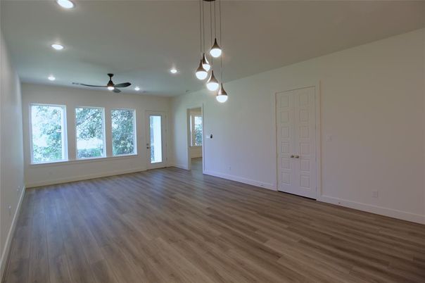 Empty room, Interior, Pendant Lights, Recessed Lighting, Wood Texture Flooring