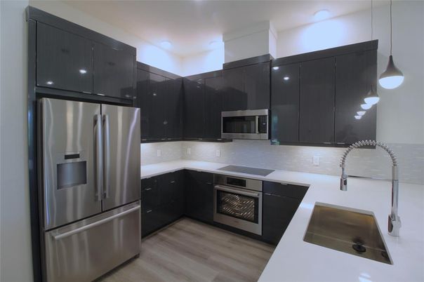Interior, Kitchen, Pendant Lights, Stainless Steel Appliances, Wood Texture Flooring
