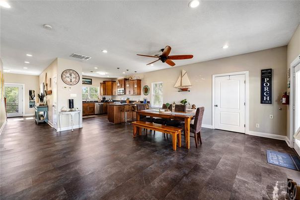 Dining room, Interior, Kitchen, Recessed Lighting, Wood Texture Flooring