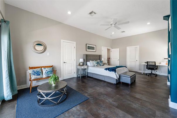 Bedroom, Interior, Recessed Lighting, Wood Texture Flooring