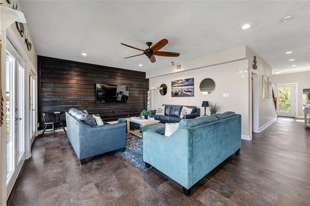 Interior, Living room, Recessed Lighting, Wood Texture Flooring, Wooden Walls
