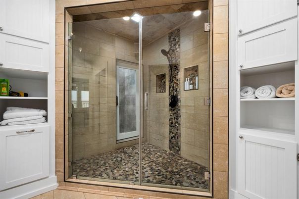 Bathroom, Glass Shower, Interior, Recessed Lighting, Stone Walls