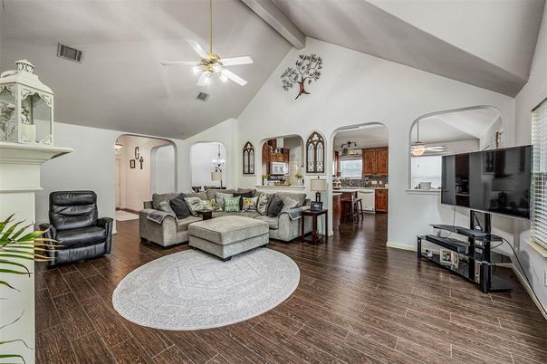 Fireplace, Interior, Kitchen, Living room, Wood Texture Flooring