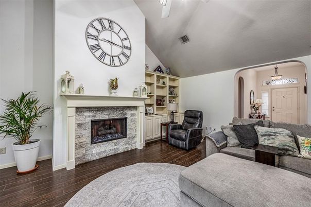 Fireplace, Interior, Living room, Pendant Lights, Wood Texture Flooring