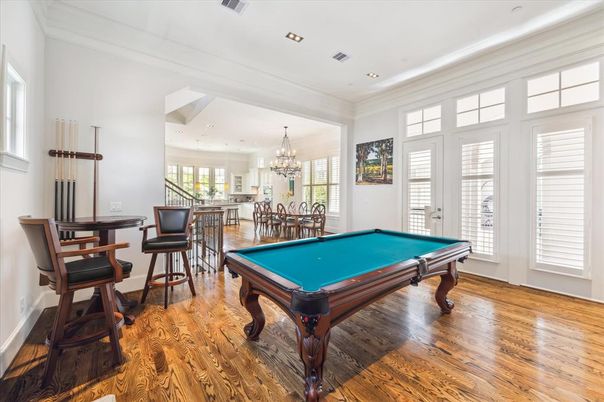 Billiard Table, Chandelier, Game Room, Interior, Recessed Lighting, Wood Texture Flooring