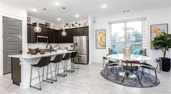 Dining room, Interior, Kitchen, Pendant Lights, Recessed Lighting, Stainless Steel Appliances, Wood Texture Flooring