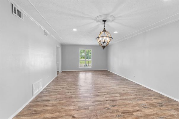 Chandelier, Empty room, Interior, Recessed Lighting, Wood Texture Flooring