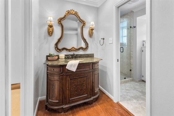 Bathroom, Glass Shower, Interior, Wood Texture Flooring