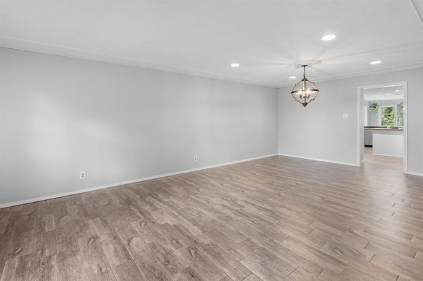 Chandelier, Empty room, Interior, Recessed Lighting, Wood Texture Flooring