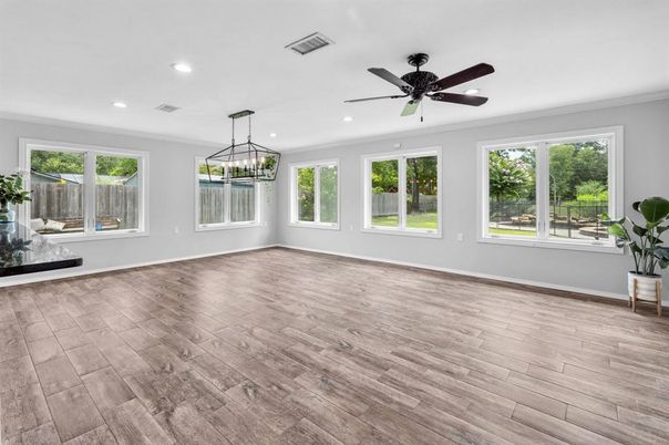 Empty room, Interior, Pendant Lights, Recessed Lighting, Wood Texture Flooring