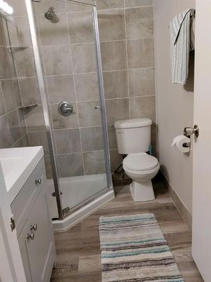 Bathroom, Glass Shower, Interior, Wood Texture Flooring