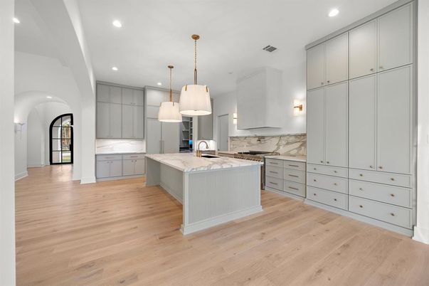 Interior, Kitchen, Marble Walls, Pendant Lights, Recessed Lighting, Wood Texture Flooring