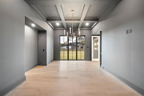 Empty room, Interior, Pendant Lights, Recessed Lighting, Wood Texture Flooring