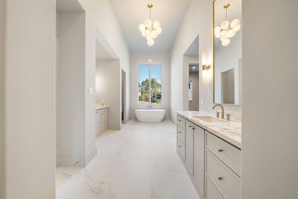 Bathroom, Dual Sink Vanities, Free Standing Baths, Interior, Marble, Pendant Lights
