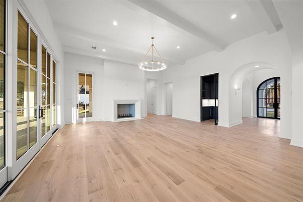 Empty room, Interior, Pendant Lights, Recessed Lighting, Wood Texture Flooring