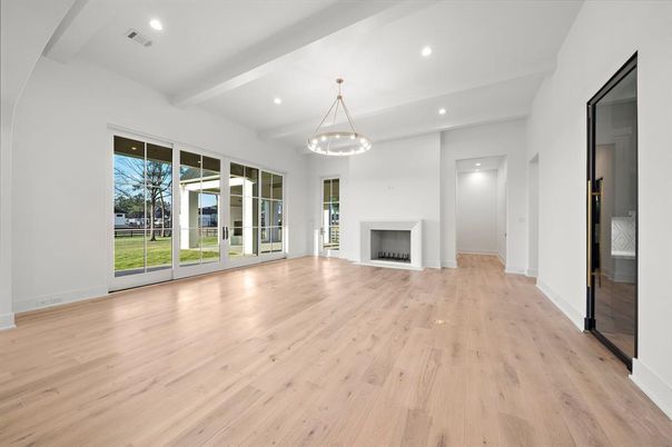 Empty room, Fireplace, Interior, Pendant Lights, Recessed Lighting, Wood Texture Flooring