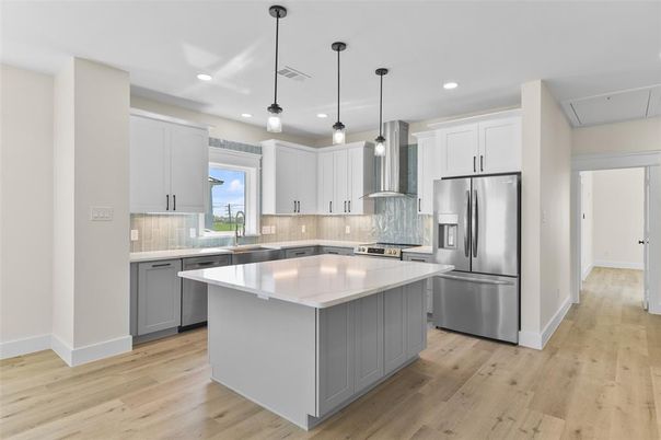Interior, Kitchen, Pendant Lights, Recessed Lighting, Stainless Steel Appliances, Wood Texture Flooring