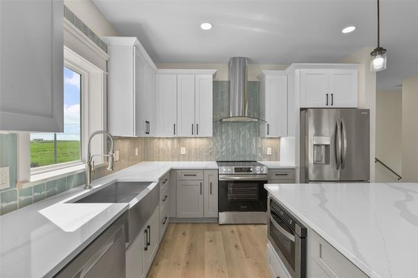 Interior, Kitchen, Pendant Lights, Recessed Lighting, Stainless Steel Appliances, Wood Texture Flooring