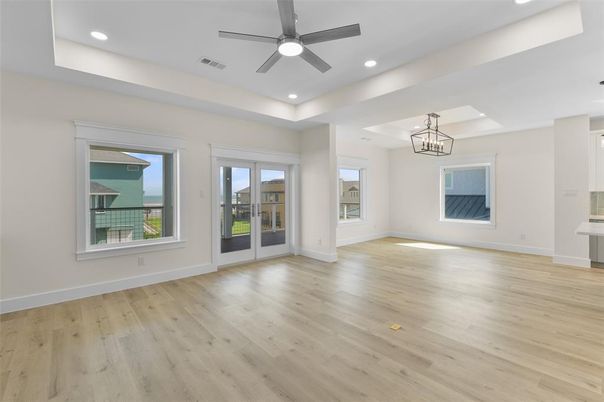 Empty room, Interior, Pendant Lights, Recessed Lighting, Wood Texture Flooring
