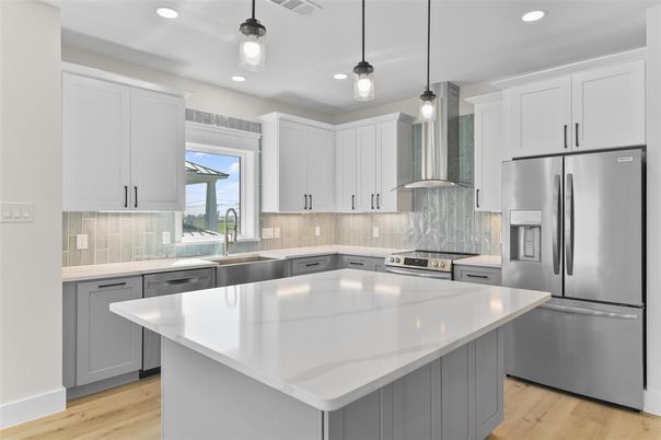 Interior, Kitchen, Pendant Lights, Recessed Lighting, Stainless Steel Appliances, Wood Texture Flooring