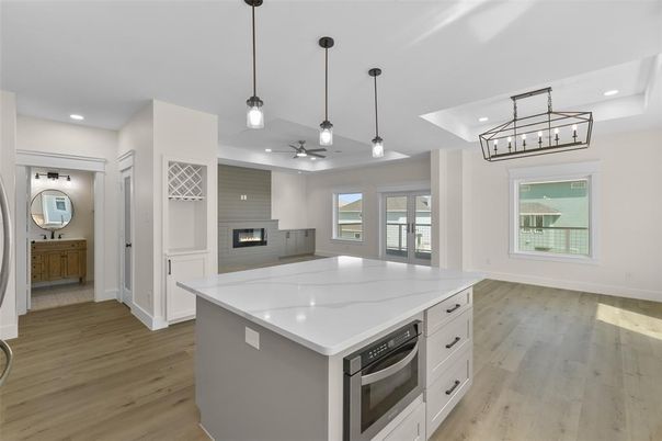 Interior, Kitchen, Pendant Lights, Recessed Lighting, Wood Texture Flooring