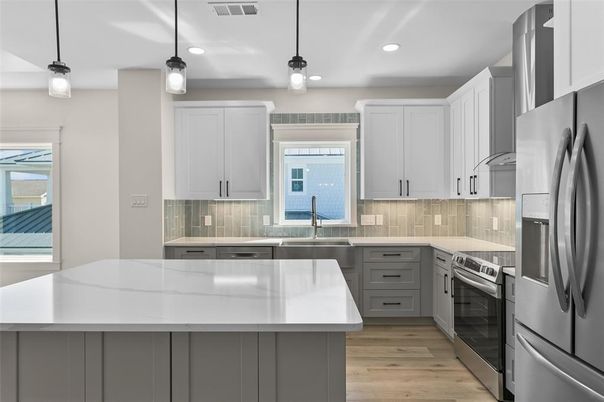 Interior, Kitchen, Pendant Lights, Recessed Lighting, Stainless Steel Appliances, Wood Texture Flooring