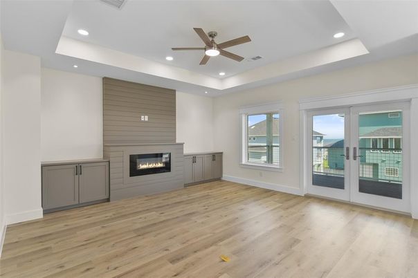 Empty room, Fireplace, Interior, Recessed Lighting, Wood Texture Flooring