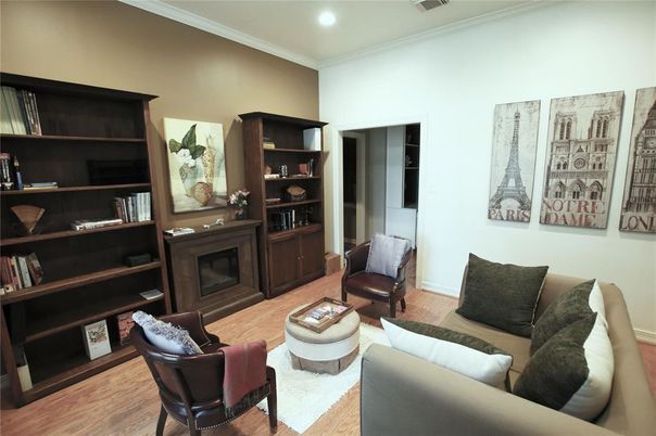 Fireplace, Interior, Living room, Recessed Lighting, Wood Texture Flooring