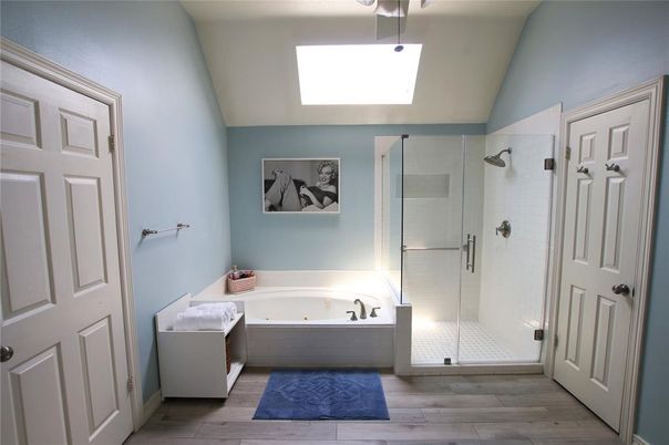 Bathroom, Glass Shower, Interior, Wood Texture Flooring