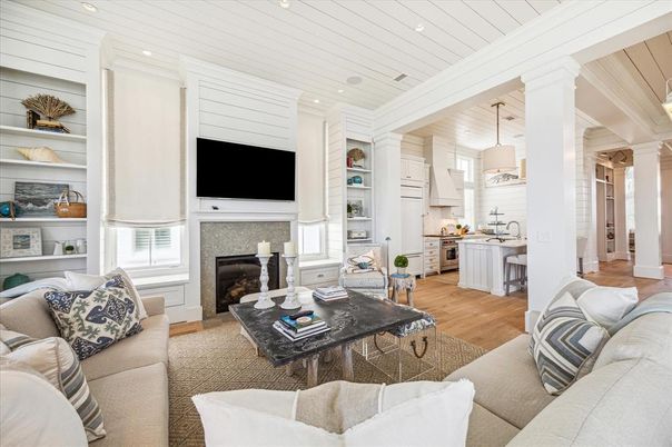 Fireplace, Interior, Kitchen, Living room, Pendant Lights, Recessed Lighting, Wood Texture Flooring