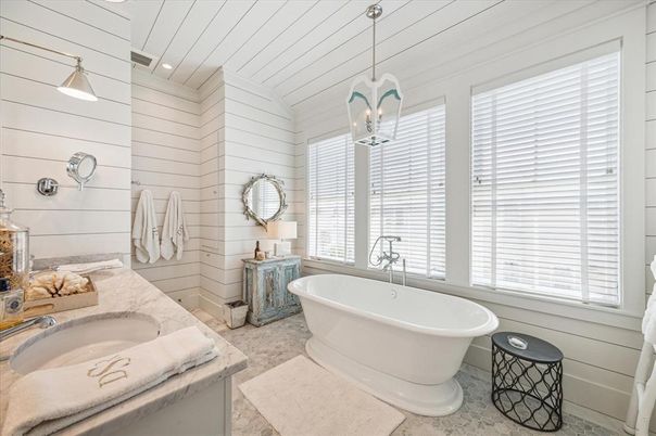 Bathroom, Dual Sink Vanities, Free Standing Baths, Interior, Pendant Lights