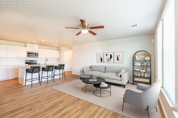 Interior, Kitchen, Living room, Recessed Lighting, Stainless Steel Appliances, Wood Texture Flooring