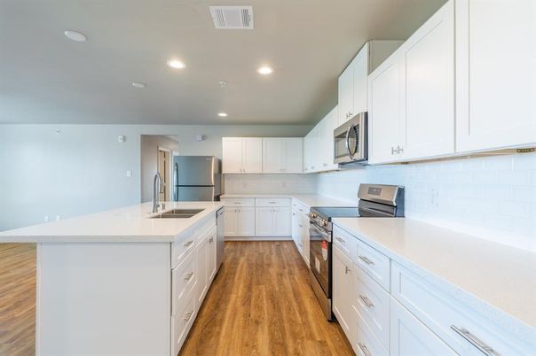 Interior, Kitchen, Recessed Lighting, Wood Texture Flooring