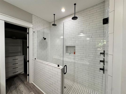 Bathroom, Glass Shower, Interior, Recessed Lighting, Wood Texture Flooring