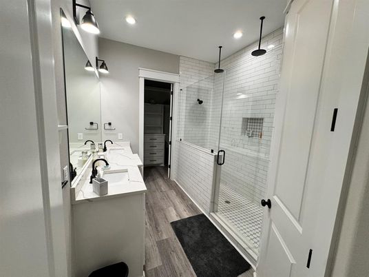 Bathroom, Glass Shower, Interior, Recessed Lighting, Wood Texture Flooring
